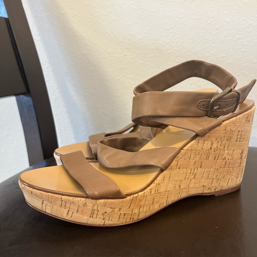 J. Crew Open Toe Cork Wedge Sandals wrap Brown Italy Sevigne Washed Leather 6